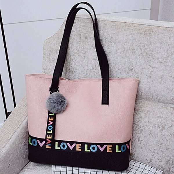 Simple greater capacity leather handbag shoulder bag female hair pink ball